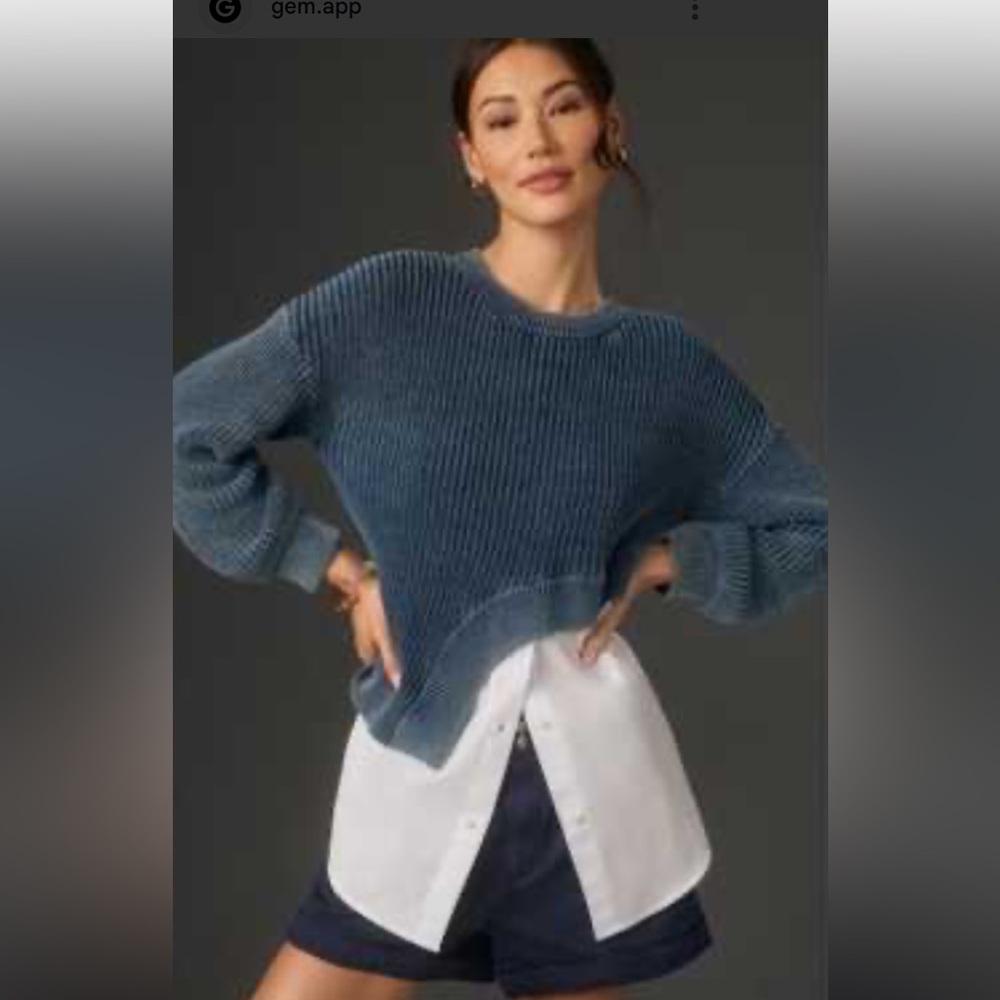 Pilcro Antropologie Women’s Blue Asymmetrical Twofer Cotton Sweater Size Small